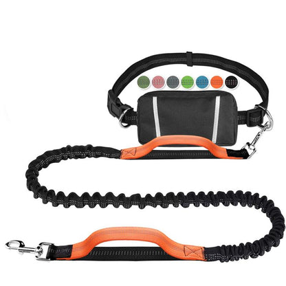 Hands Free Dog Leash for Running Walking Training Hiking, Dual-Handle Reflective Bungee, Poop Bag Dispenser Pouch, Adjustable Waist Belt, Shock Absorbing, Ideal for Medium to Large Dogs (Black W Pink)