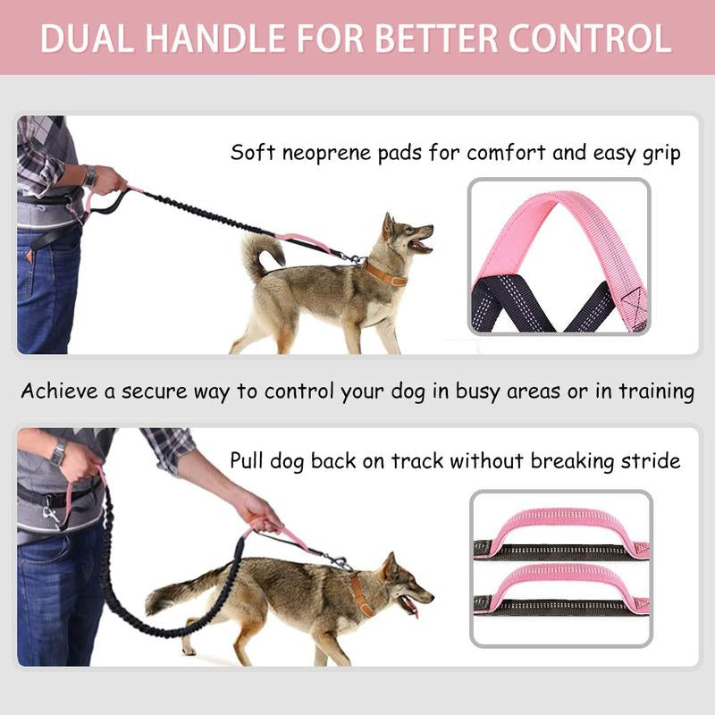 Hands Free Dog Leash for Running Walking Training Hiking, Dual-Handle Reflective Bungee, Poop Bag Dispenser Pouch, Adjustable Waist Belt, Shock Absorbing, Ideal for Medium to Large Dogs (Black W Pink)