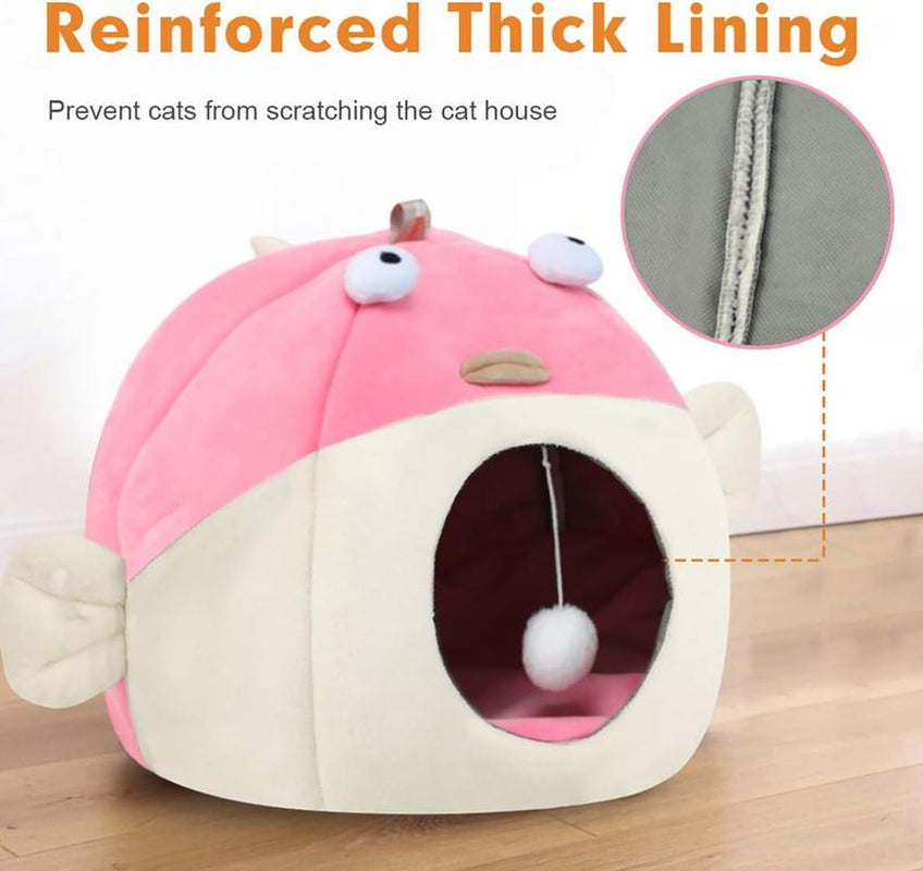 Cat Bed for Indoor Cats, Covered Cat Bed with Anti-Scratch Lining, Ultra Soft Cat Hideaway, Warm Cute Cat House with Hanging Toy, Pet Bed for Cats
