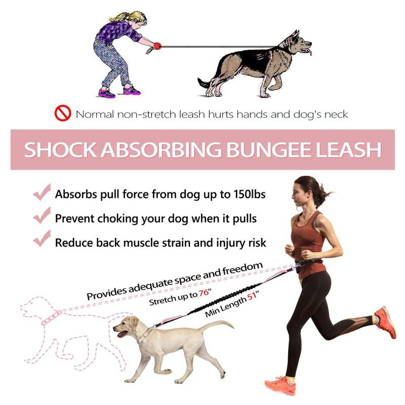 Hands Free Dog Leash for Running Walking Training Hiking, Dual-Handle Reflective Bungee, Poop Bag Dispenser Pouch, Adjustable Waist Belt, Shock Absorbing, Ideal for Medium to Large Dogs (Black W Pink)