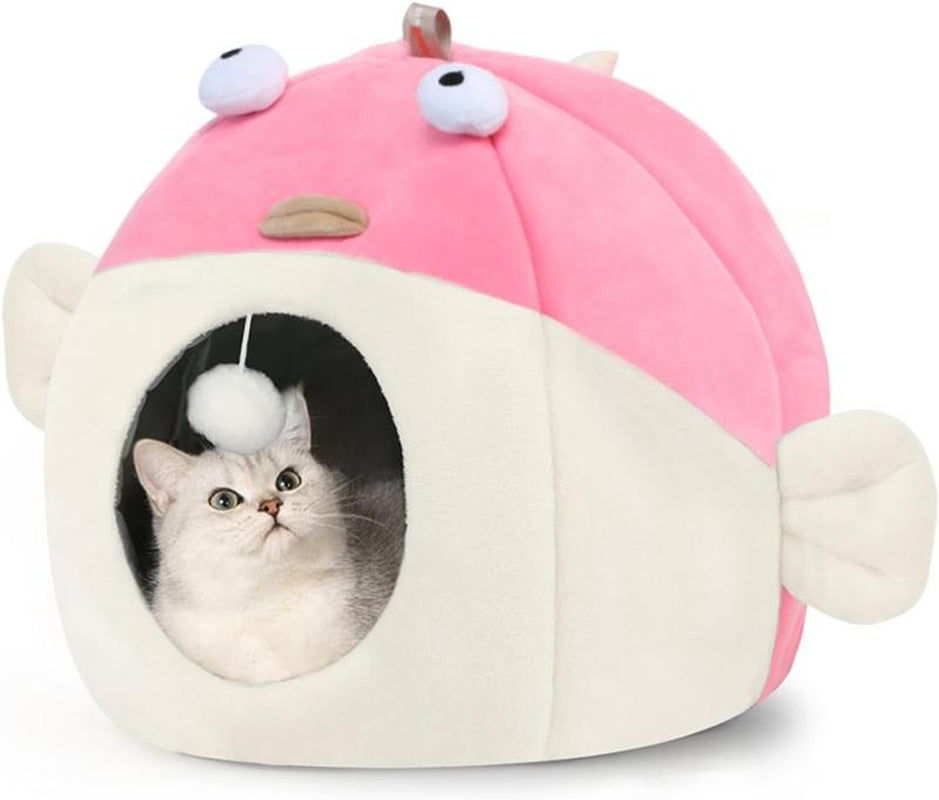 Cat Bed for Indoor Cats, Covered Cat Bed with Anti-Scratch Lining, Ultra Soft Cat Hideaway, Warm Cute Cat House with Hanging Toy, Pet Bed for Cats