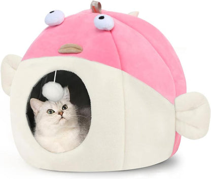 Cat Bed for Indoor Cats, Covered Cat Bed with Anti-Scratch Lining, Ultra Soft Cat Hideaway, Warm Cute Cat House with Hanging Toy, Pet Bed for Cats