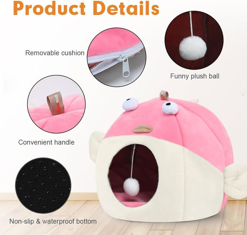 Cat Bed for Indoor Cats, Covered Cat Bed with Anti-Scratch Lining, Ultra Soft Cat Hideaway, Warm Cute Cat House with Hanging Toy, Pet Bed for Cats