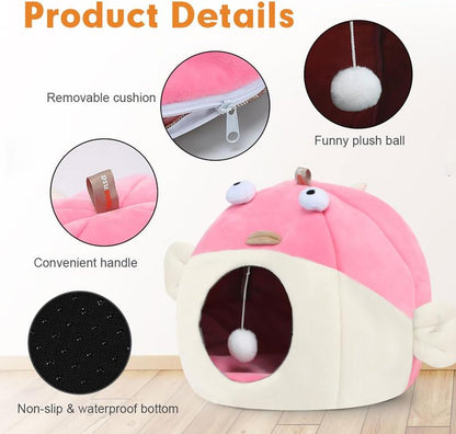Cat Bed for Indoor Cats, Covered Cat Bed with Anti-Scratch Lining, Ultra Soft Cat Hideaway, Warm Cute Cat House with Hanging Toy, Pet Bed for Cats
