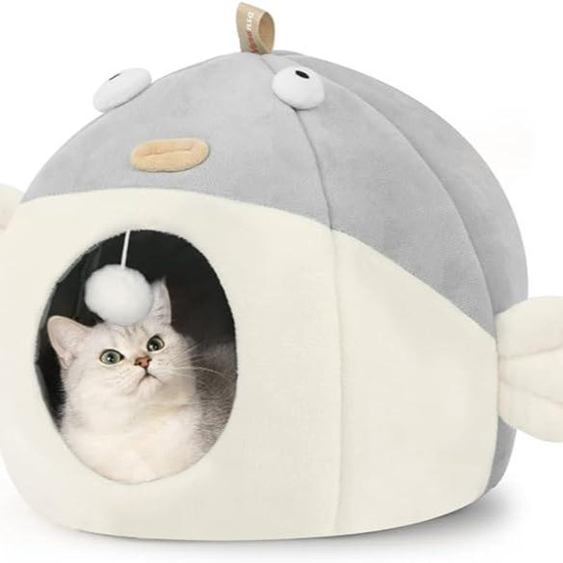 Cat Bed for Indoor Cats, Covered Cat Bed with Anti-Scratch Lining, Ultra Soft Cat Hideaway, Warm Cute Cat House with Hanging Toy, Pet Bed for Cats