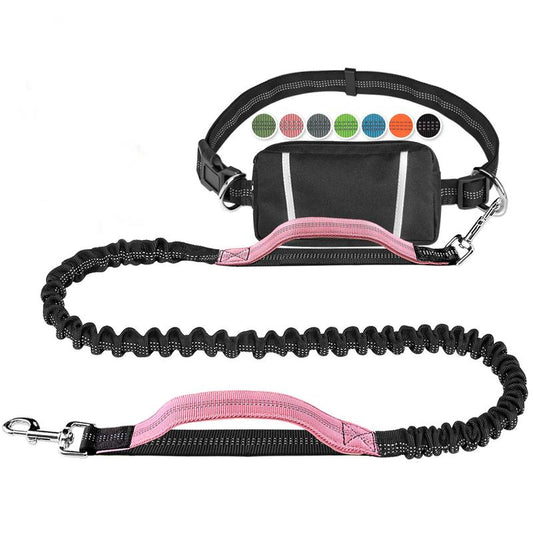 Hands Free Dog Leash for Running Walking Training Hiking, Dual-Handle Reflective Bungee, Poop Bag Dispenser Pouch, Adjustable Waist Belt, Shock Absorbing, Ideal for Medium to Large Dogs (Black W Pink)