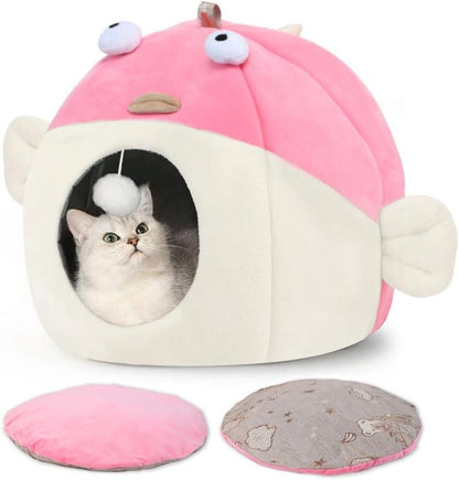 Cat Bed for Indoor Cats, Covered Cat Bed with Anti-Scratch Lining, Ultra Soft Cat Hideaway, Warm Cute Cat House with Hanging Toy, Pet Bed for Cats