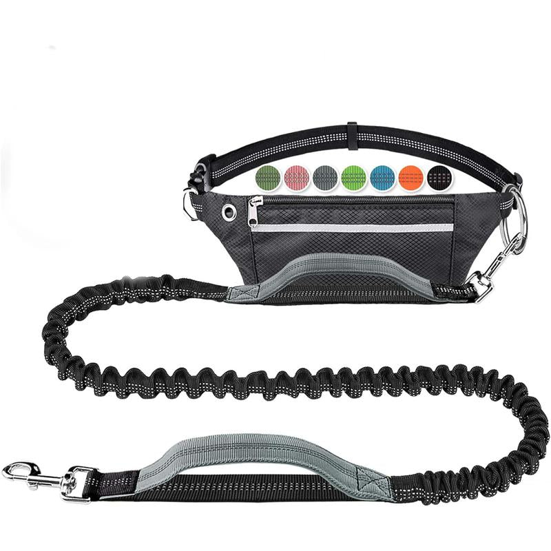 Hands Free Dog Leash for Running Walking Training Hiking, Dual-Handle Reflective Bungee, Poop Bag Dispenser Pouch, Adjustable Waist Belt, Shock Absorbing, Ideal for Medium to Large Dogs (Black W Pink)