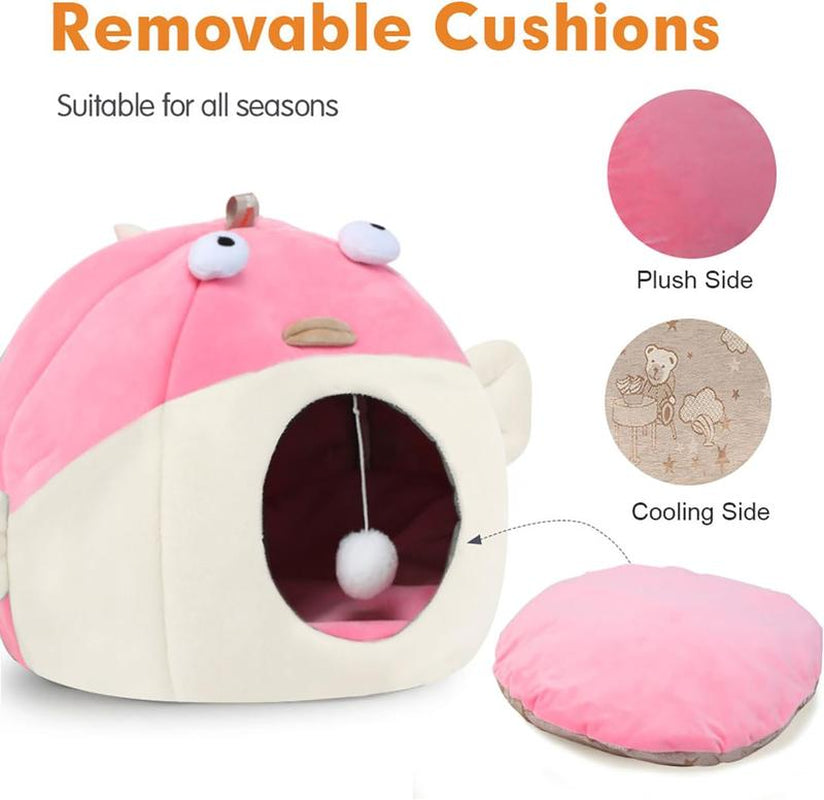 Cat Bed for Indoor Cats, Covered Cat Bed with Anti-Scratch Lining, Ultra Soft Cat Hideaway, Warm Cute Cat House with Hanging Toy, Pet Bed for Cats