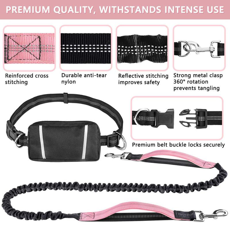 Hands Free Dog Leash for Running Walking Training Hiking, Dual-Handle Reflective Bungee, Poop Bag Dispenser Pouch, Adjustable Waist Belt, Shock Absorbing, Ideal for Medium to Large Dogs (Black W Pink)