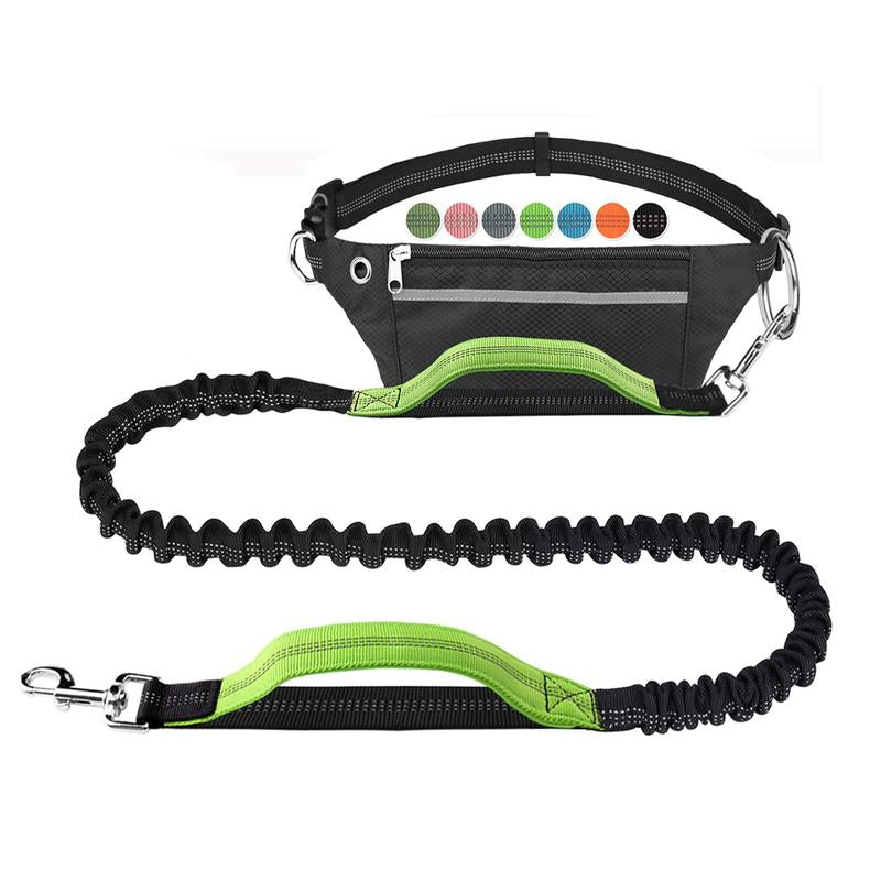 Hands Free Dog Leash for Running Walking Training Hiking, Dual-Handle Reflective Bungee, Poop Bag Dispenser Pouch, Adjustable Waist Belt, Shock Absorbing, Ideal for Medium to Large Dogs (Black W Pink)