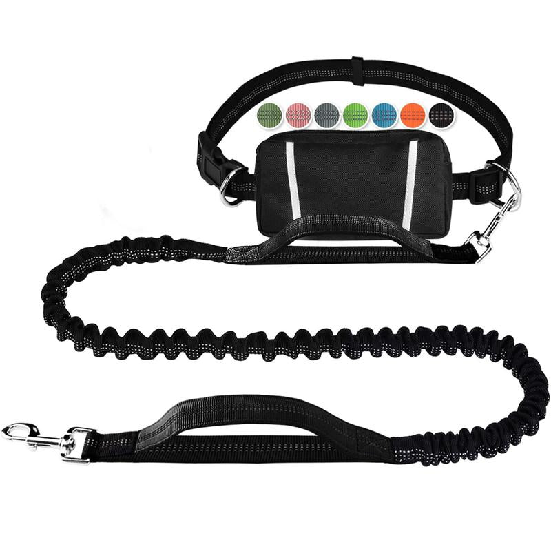 Hands Free Dog Leash for Running Walking Training Hiking, Dual-Handle Reflective Bungee, Poop Bag Dispenser Pouch, Adjustable Waist Belt, Shock Absorbing, Ideal for Medium to Large Dogs (Black W Pink)