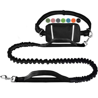 Hands Free Dog Leash for Running Walking Training Hiking, Dual-Handle Reflective Bungee, Poop Bag Dispenser Pouch, Adjustable Waist Belt, Shock Absorbing, Ideal for Medium to Large Dogs (Black W Pink)