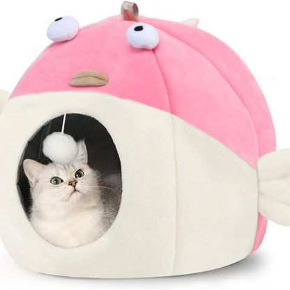 Cat Bed for Indoor Cats, Covered Cat Bed with Anti-Scratch Lining, Ultra Soft Cat Hideaway, Warm Cute Cat House with Hanging Toy, Pet Bed for Cats