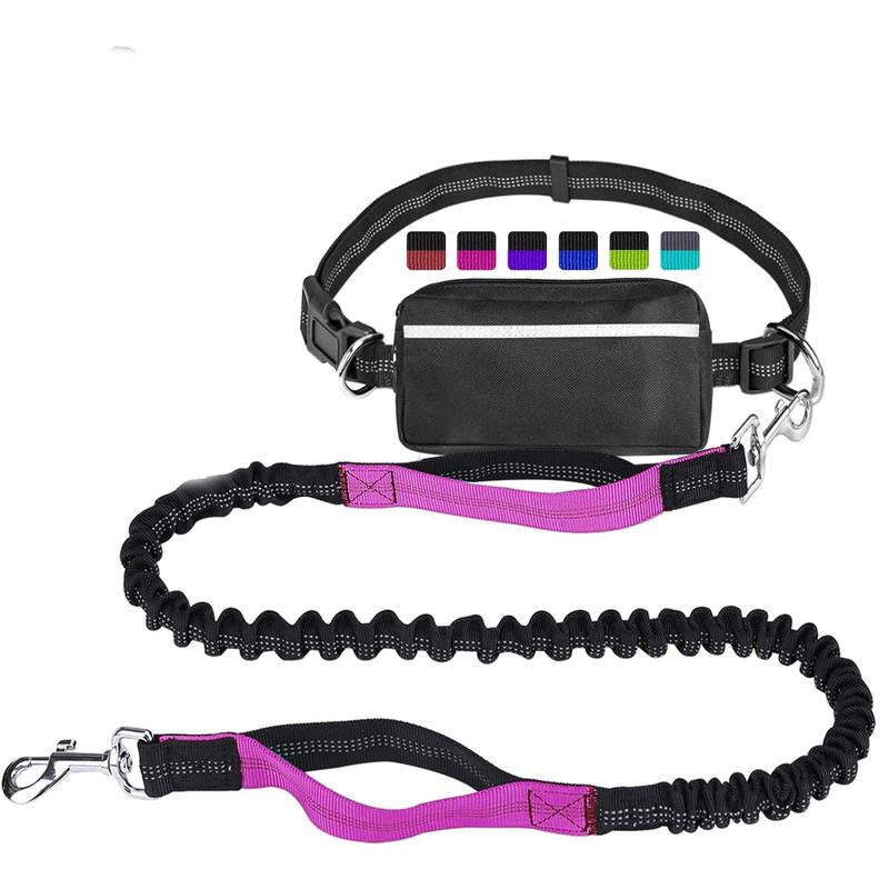 Hands Free Dog Leash for Running Walking Training Hiking, Dual-Handle Reflective Bungee, Poop Bag Dispenser Pouch, Adjustable Waist Belt, Shock Absorbing, Ideal for Medium to Large Dogs (Black W Pink)